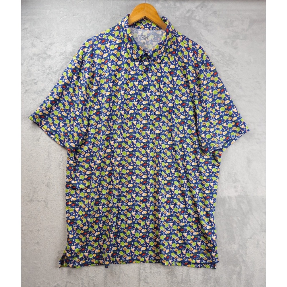 1764 Men 3XL Performance Golf Shirt Short Sleeve Blue Palm Floral All Over Print